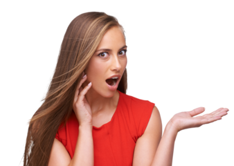 Shock, portrait and woman with a pointing hand for advertising, marketing or creativity. Surprise, excited and female model with wow, wtf or omg face expression isolated by transparent png background