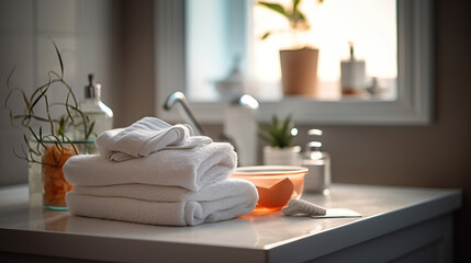 Fototapeta na wymiar Toiletries and towels in the bathroom, personal hygiene concept, generative ai