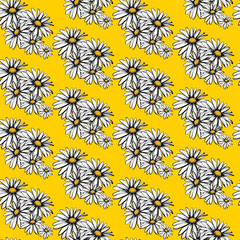 Colored vector seamless half-drop pattern, with inked style flowers