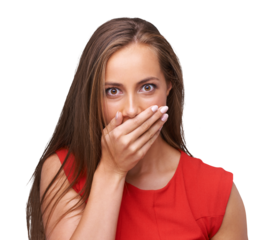 Woman, portrait and face with surprise, shocked and wow with hand covering mouth isolated on a transparent png background. Rumor, speechless and a female model for fake news, secret and announcement