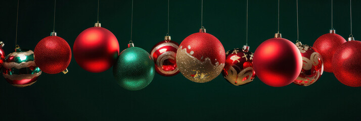 Festive Christmas Balls Banner with Green Background