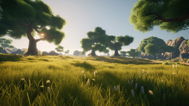 Grassy field with trees at sunset.Generative Ai