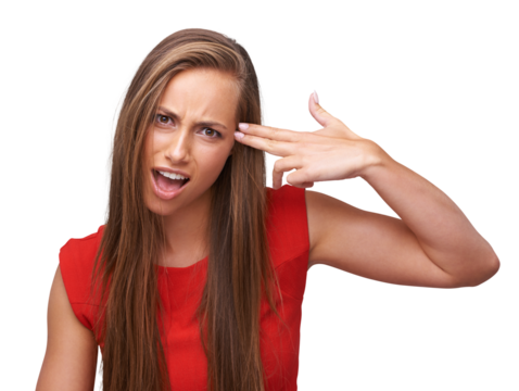 Woman, portrait and gun hand to head with anger, crazy and annoyed isolated on a transparent PNG background. Model, comic and weapon sign to temple with mad face in shock, surprised or mental health