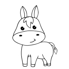 Linear sketch, coloring of a little donkey. Vector graphics.