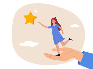Career development support concept. Assistant or mentor to help reach business goal to achieve target. Helping hand lifting businesswoman employee to overcome obstacle to reach the star in the sky.