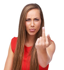 Upset, angry and portrait of a woman with a middle finger for disagreement, argument or fight....