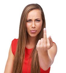 Fototapeta premium Upset, angry and portrait of a woman with a middle finger for disagreement, argument or fight. Annoyed, punk and female model with rude or conflict hand gesture isolated by transparent png background