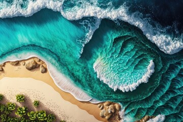 Aerial view of beautiful turquoise ocean waves on sandy beach. Generative AI