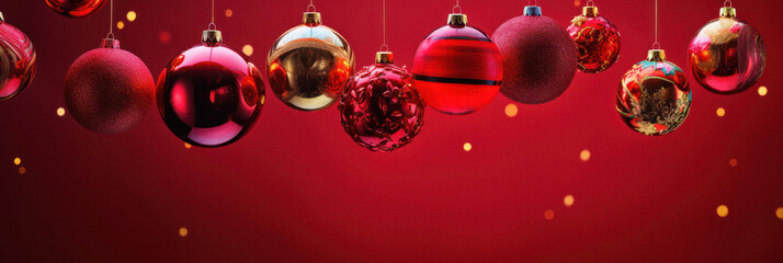 Festive Christmas Balls Banner on Red Background with Copy Space