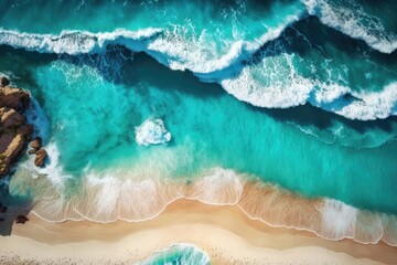Obraz premium Aerial view of beautiful beach with blue ocean waves and white sand. Generative AI