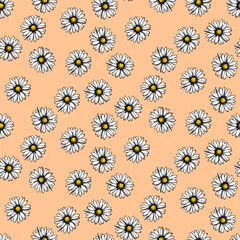 Colored vector seamless half-drop pattern, with inked style flowers