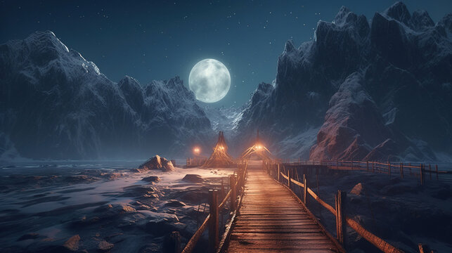 Bridge to the Mountain at Night.Generative Ai