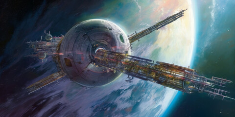 Obraz na płótnie Canvas A space station orbiting a distant planet Generative Ai Digital Illustration