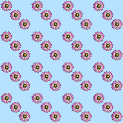 Fototapeta na wymiar Colored vector seamless half-drop pattern, with inked style flowers