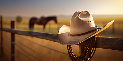 A cowboy hat and lasso hang from the ranch's wooden fence. AI generated. - obrazy, fototapety, plakaty