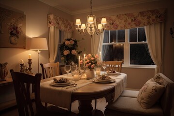 Inviting Warmth: Cozy Dining Room with Comforting Seating and Soft Decor of Beige, Cream and Accent Flowers: Generative AI