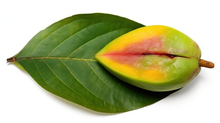 Isolated Juicy Many-Coloured Tropical Mango - One Whole, One Cut Out with Yellow, Red and Green Leaves. Generative AI