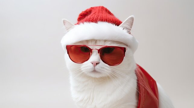 Ho-Ho-Ho! Trendy Cat Dressed in Santa Outfit Posing for Christmas Shopping, Generative AI