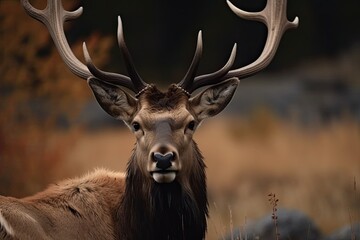Majestic Elk in Autumn Park: Nature's Wondrous Cervid Wildlife Scene in its Natural Habitat, Generative AI