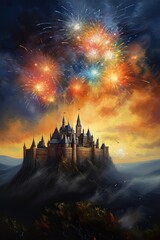 Magical Beauty: A Painting of a Castle Lit Up by Fireworks in the Sky. Generative AI