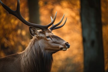 Majestic Elk in Autumn Park: Stag in its Natural Habitat Among Wild Grass and Antlers: Generative AI