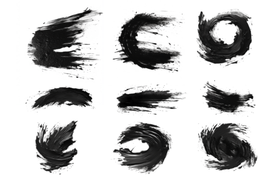 Set of Paintbrush smear of black acrylic paint on a transparent background