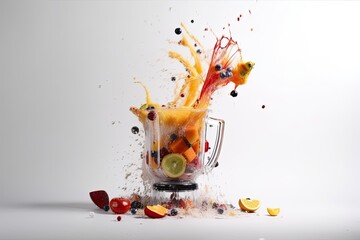 Nourishing Vitamin-Rich Explosion: A Blender Full of Tropical Fruits Flying, Juicy Pieces Filling the Air with Destruction: Generative AI