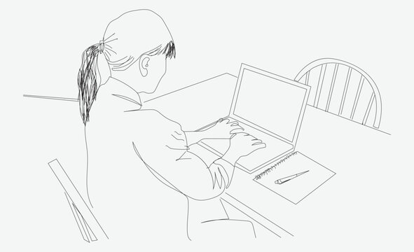 Line art of girl sitting with laptop