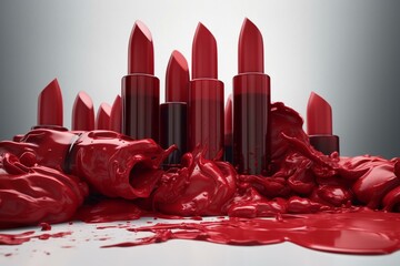3D render of red lipsticks and smears on white background. Generative AI