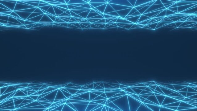 Abstract blue background. Free center and oscillating lattices at the top and bottom of particles connected by lines. Full HD. 3D render.