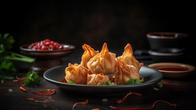 Oriental deep fried wontons filled with prawn and spring onion, served with dumpling and chili sauces, generative ai