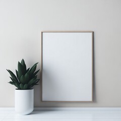 Empty frame mockup in minimalist interior with plant in trendy vase on beige wall background