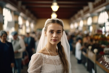 Fototapeta premium young adult woman tries on a wedding dress, happy and satisfied. Generative AI