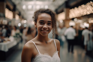 young adult woman in a wedding dress in a hall. Generative AI