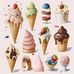Cone ice cream set isolated on pastel background. Generative AI