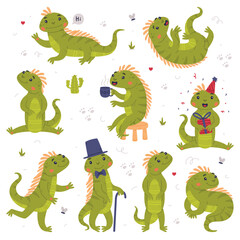 Obraz premium Funny Green Iguana Character with Scales Engaged in Different Activity Vector Set