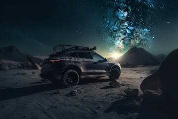 Fototapeta na wymiar Innovative car above cosmic scenery. Generative AI