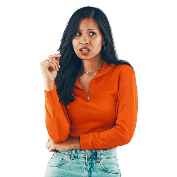 Doubt, thinking and unhappy woman contemplating isolated on a transparent png background. Unsure, annoyed and irritated female model with disgusted facial expression in stylish and vibrant clothing
