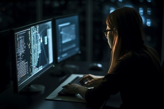 The image is an artistic representation of a woman in cybersecurity. The scene is set in a dimly lit room, the only source of light being the multiple computer screens she is surrounded by.