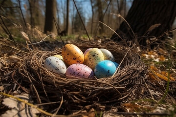 Obraz premium easter eggs in an easter basket outside in the garden. Generative AI