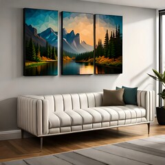 Mock-up Of a Poster Of a Loft With a Leather Sofa And Forest Art, With Generative AI Technology 