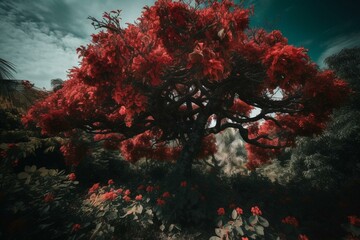 Fototapeta na wymiar A tropical tree with vibrant red flowers. Generative AI