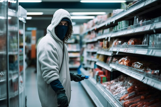 adult man wars balaclavas and holds a weapon, masked burglar robber in a shop or supermarket. Generative AI