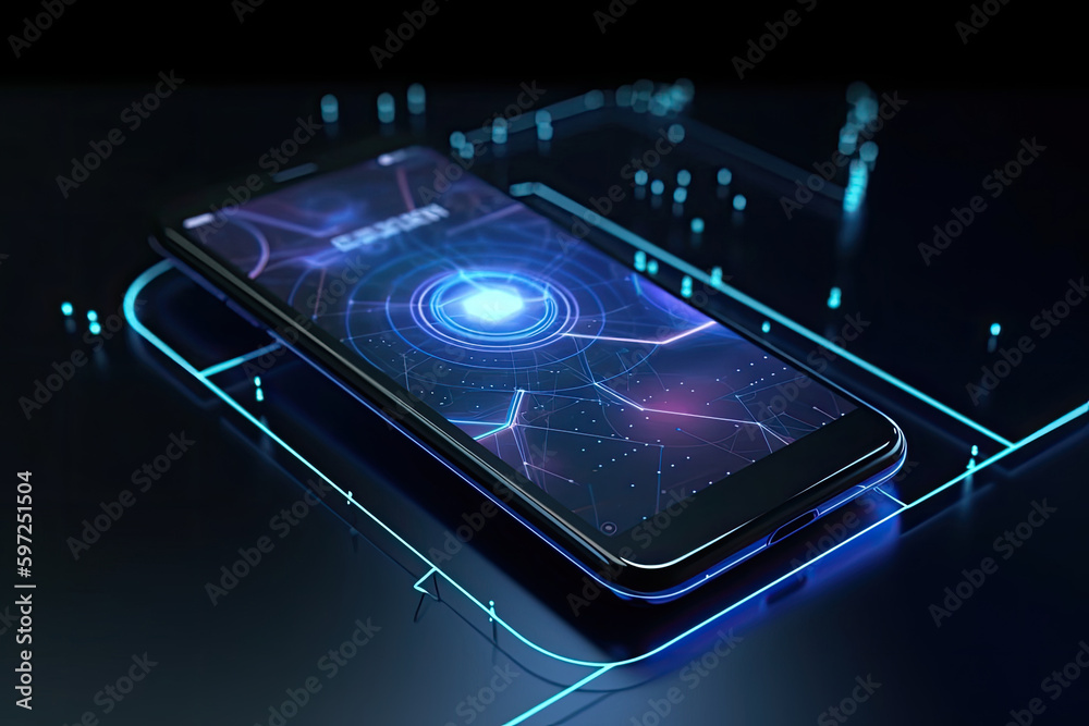 Wall mural smartphone on technology background. neon glowing mobile phone on abstract dark background. futurist