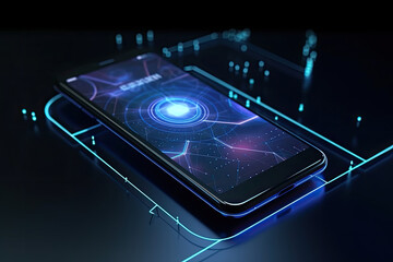 Smartphone on technology background. Neon glowing mobile phone on abstract dark background. Futuristic network connection. Created with Generative AI