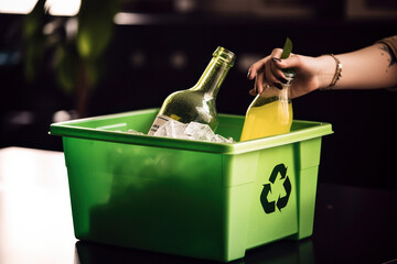 Woman Putting Trash in Green Recycling Container with White Symbol