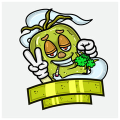 Coconut Fruit Mascot Cartoon Characters With Weed Bud, Smoking and Blank Sign Label.