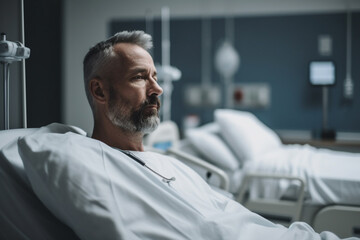 Fototapeta na wymiar an adult mature man sits tense in a hospital bed in a hospital, excitement or nervousness. Generative AI