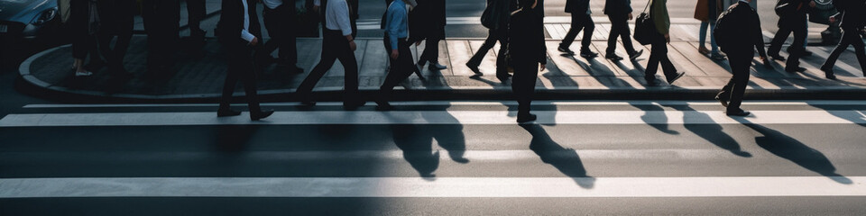 Fototapeta premium Silhouettes of group of people at sunlight. Crowd of people walking at city street. Unrecognizable people on the road. City life. Created with Generative AI