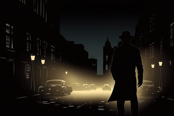 Silhouette of a man in a hat and coat on a night street. Gangster, mafia or old fashioned detective on mission. Noir style. Created with Generative AI - obrazy, fototapety, plakaty